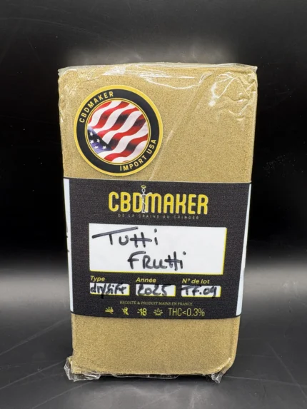 TUTTI FRUTTI Drysift CBD premium importé de Californie, résine 120 microns aux arômes fruités intenses et texture sèche haut de gamme.
